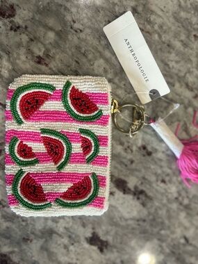 Anthropologie Pink Stripe Watermelon Beaded Small Pouch with Gold Ring